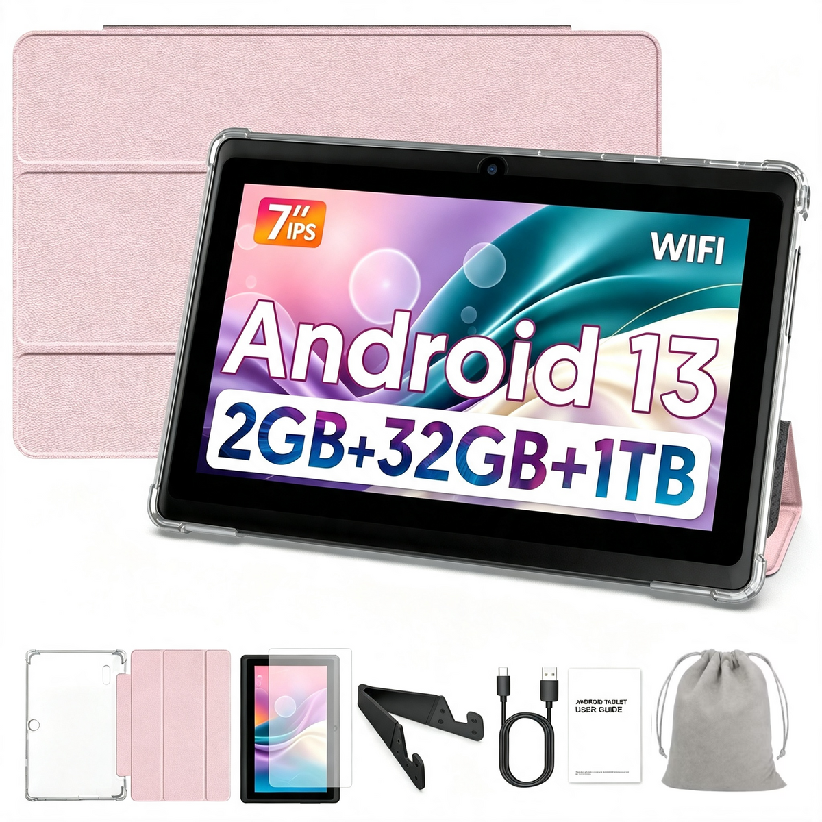 Tedupee 7 inch Tablet, Android 13 Tablets Quad-Core, 4GB RAM+32GB ROM+1TB Expandable, 3500mAh, Dual Camera, with Case, Stand & Storage Bag