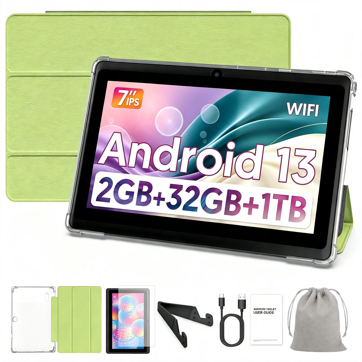 Tedupee 7 inch Tablet, Android 13 Tablets Quad-Core, 4GB RAM+32GB ROM+1TB Expandable, 3500mAh, Dual Camera, with Case, Stand & Storage Bag