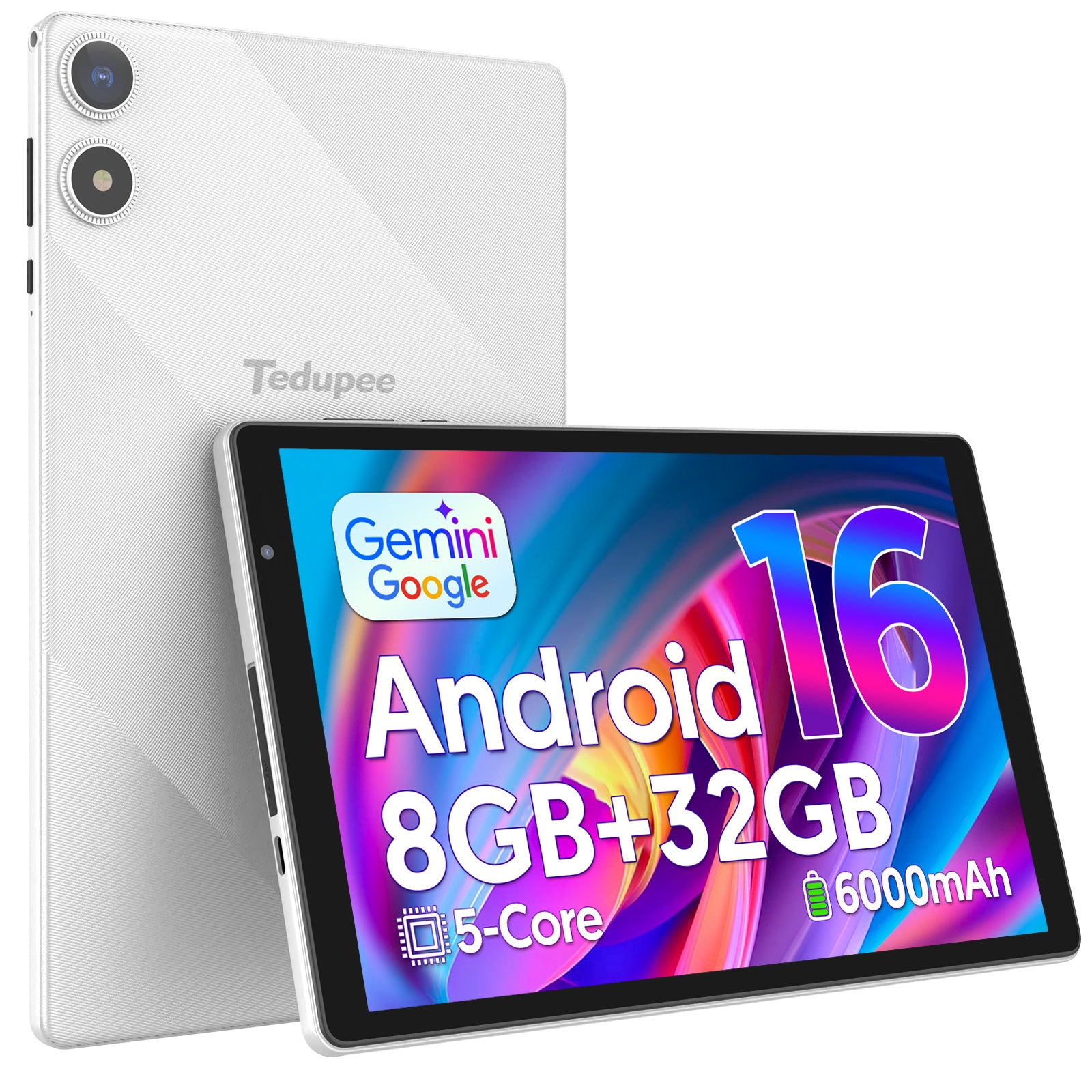 Tedupee Android 15 Tablet, 10.1 inch, Five-core CPU, RAM 3GB, ROM 32GB (Up to 1TB), 800x1280 IPS, 5G WiFi 6, 2MP+2MP, 6000mAh-Gray