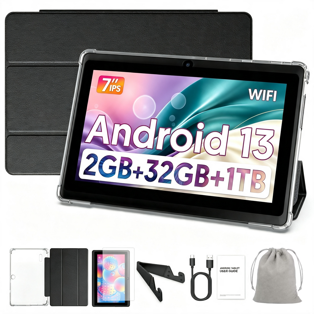 Tedupee 7 inch Tablet, Android 13 Tablets Quad-Core, 4GB RAM+32GB ROM+1TB Expandable, 3500mAh, Dual Camera, with Case, Stand & Storage Bag