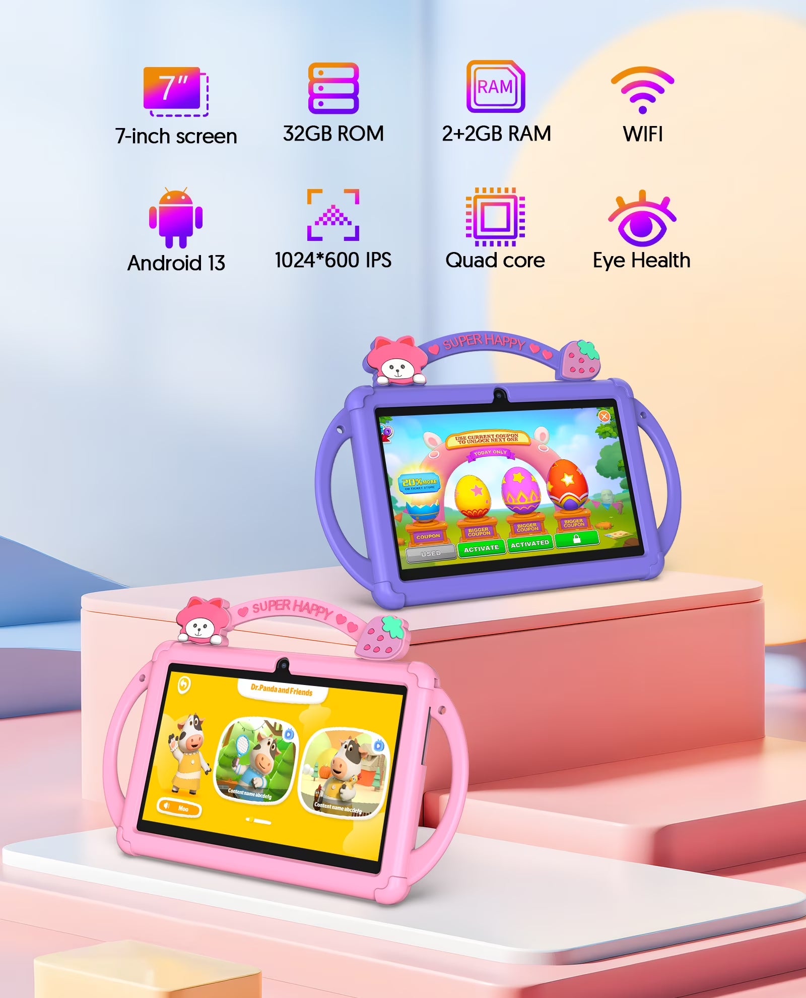 Tedupee Kids Tablet, 7 inch Android 13 Tablet, Quad Core CPU, 4GB(2G+2G)RAM+32GB ROM, 1024 x 600 IPS, WiFi, Bluetooth