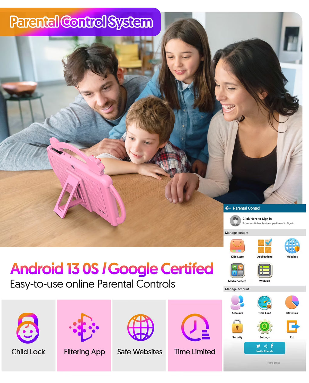 Tedupee Kids Tablet, 7 inch Android 13 Tablet, Quad Core CPU, 4GB(2G+2G)RAM+32GB ROM, 1024 x 600 IPS, WiFi, Bluetooth