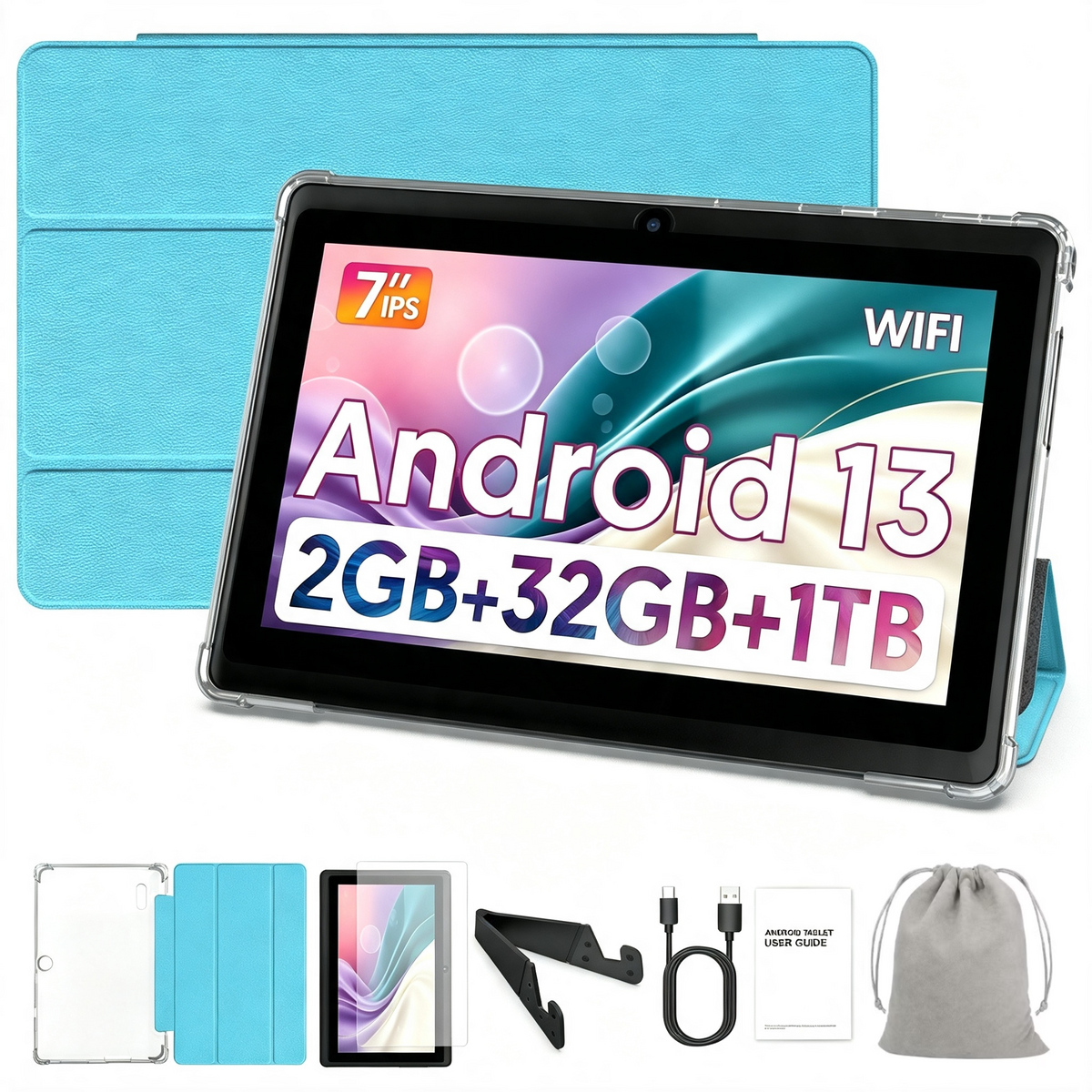 Tedupee 7 inch Tablet, Android 13 Tablets Quad-Core, 4GB RAM+32GB ROM+1TB Expandable, 3500mAh, Dual Camera, with Case, Stand & Storage Bag