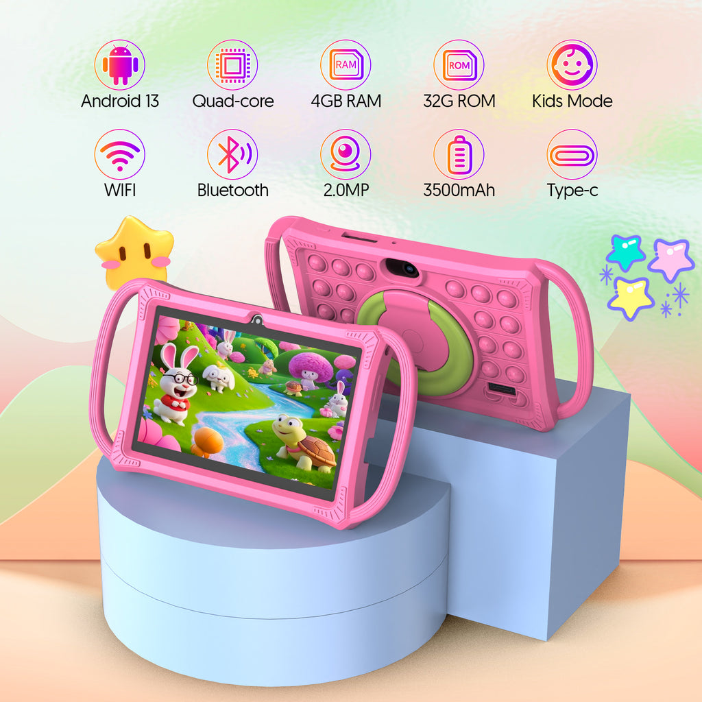 Tedupee Kids Tablet,7 inch Tablet for Kids, 32GB ROM, 4(2+2)GB RAM 1TB Expanded,Parental Control,Educational Apps,Kid‑Proof Case Handle Stand