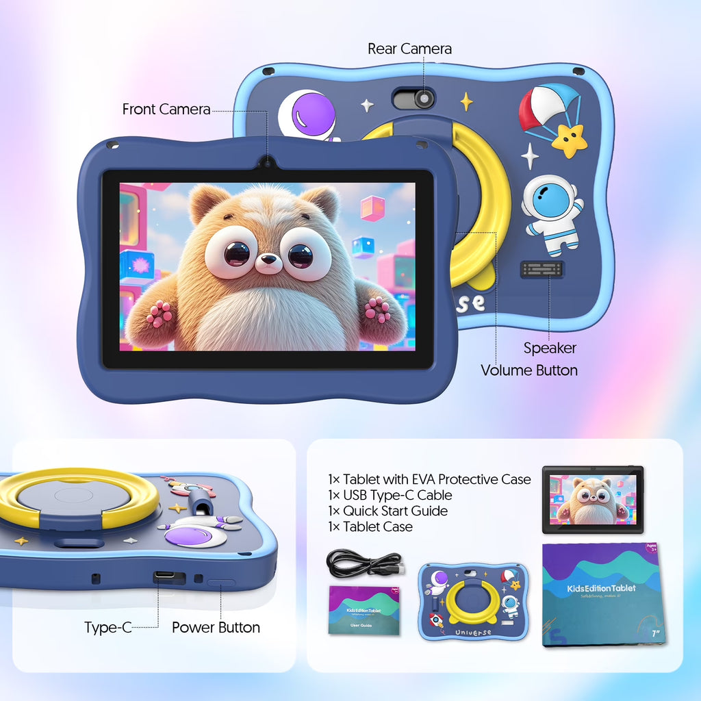 Tedupee Kids Tablet, 7 inch Android 13 Tablet, Quad Core CPU, 4GB(2G+2G)RAM+32GB ROM, 1024 x 600 IPS, WiFi, Bluetooth,
