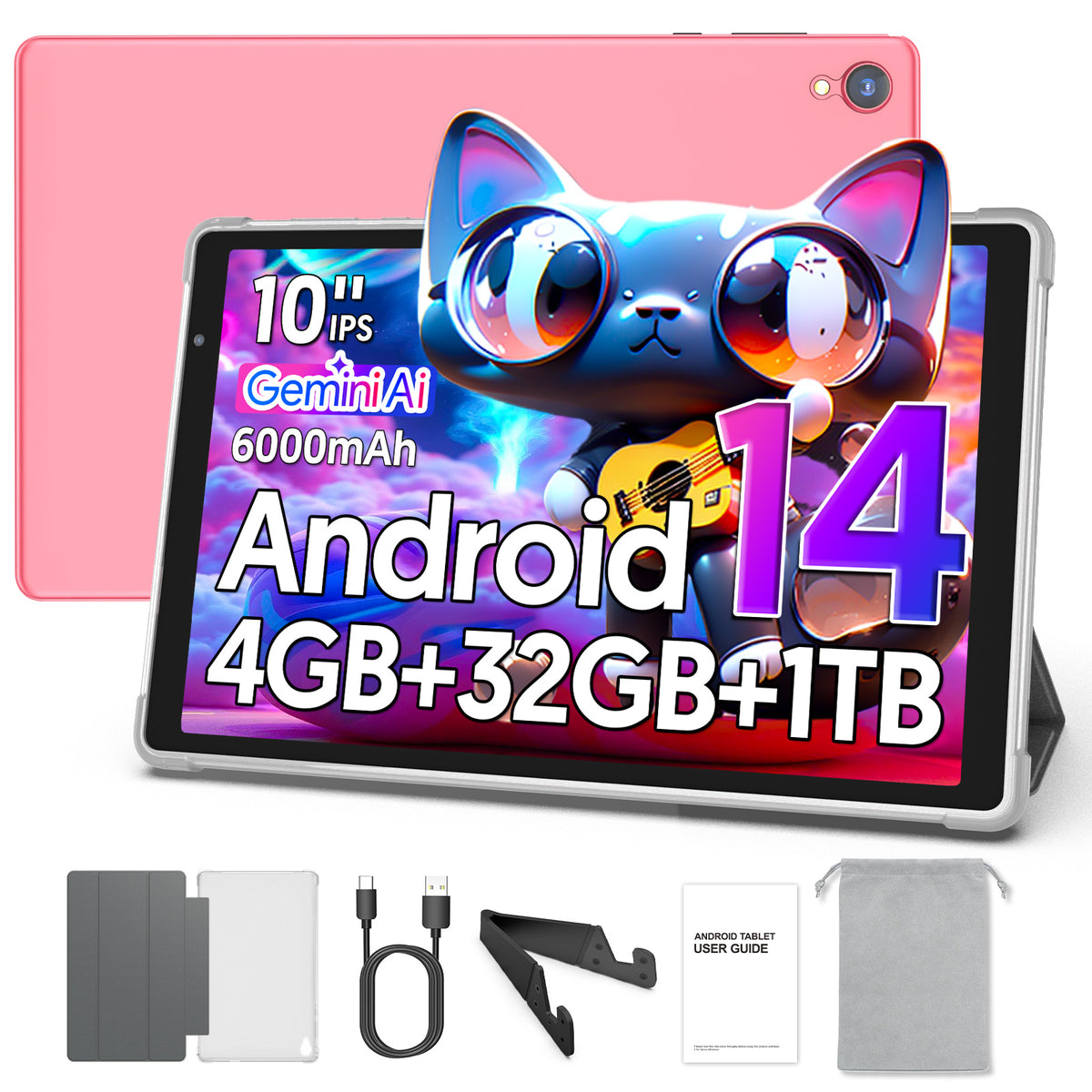 Tedupee Android 14 Tablet,10.1 Inch Android Tablets with case,stand and storage bag,HD IPS Display, Quad Core,4GB+32GB+1TB Expandable,Wifi
