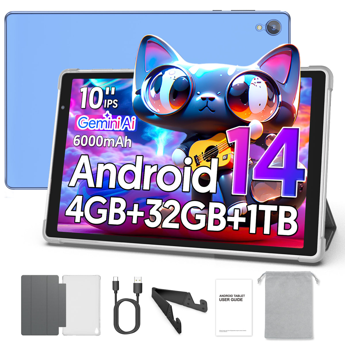 Tedupee Android 14 Tablet,10.1 Inch Android Tablets with case,stand and storage bag,HD IPS Display, Quad Core,4GB+32GB+1TB Expandable,Wifi