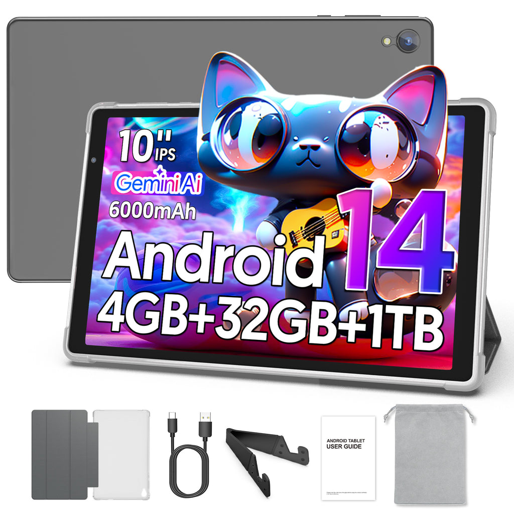 Tedupee Android 14 Tablet,10.1 Inch Android Tablets with case,stand and storage bag,HD IPS Display, Quad Core,4GB+32GB+1TB Expandable,Wifi