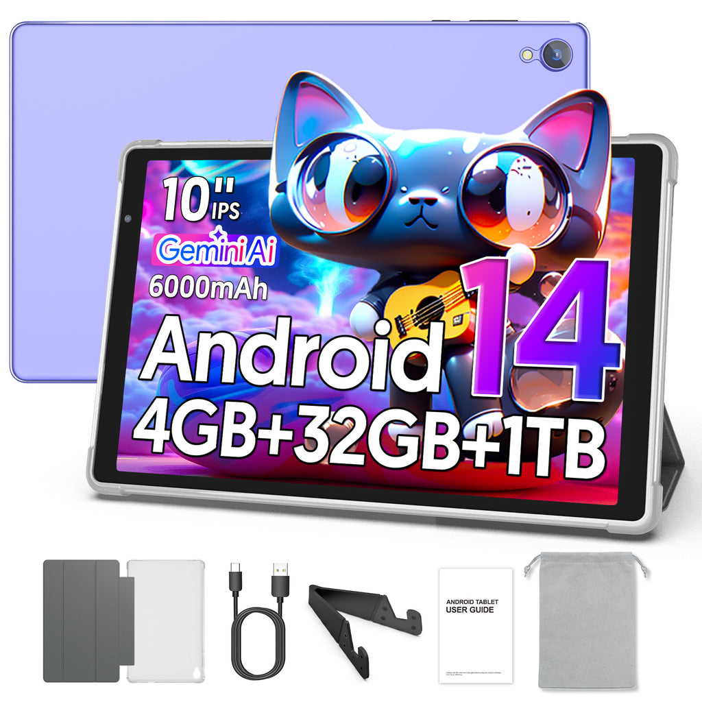Tedupee Android 14 Tablet,10.1 Inch Android Tablets with case,stand and storage bag,HD IPS Display, Quad Core,4GB+32GB+1TB Expandable,Wifi