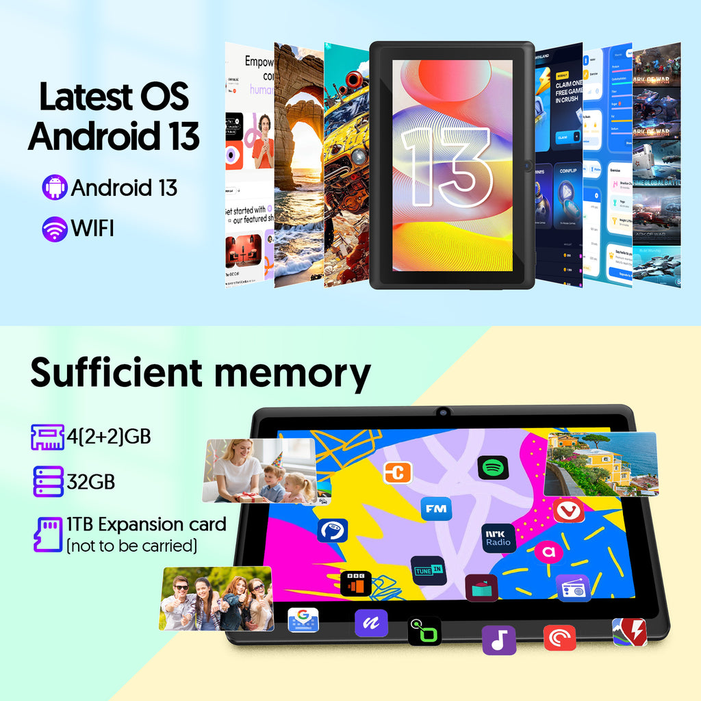 Tedupee 7 inch Tablet, Android 13 Tablets Quad-Core, 4GB RAM+32GB ROM+1TB Expandable, 3500mAh, Dual Camera, with Case, Stand & Storage Bag