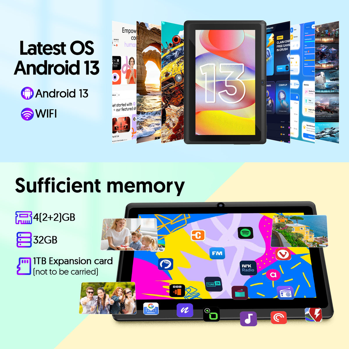 Tedupee 7 inch Tablet, Android 13 Tablets Quad-Core, 4GB RAM+32GB ROM+1TB Expandable, 3500mAh, Dual Camera, with Case, Stand & Storage Bag