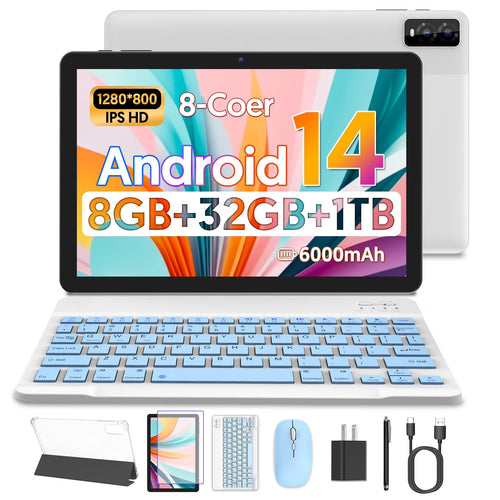 Tedupee Android 14 Tablet,10 Inch Tablet with Keyboard, 8GB RAM 32GB ROM 1TB Expand, Octa-Core, 5G Dual-Band WiFi 6, 6000mAh Battery, 2-in-1