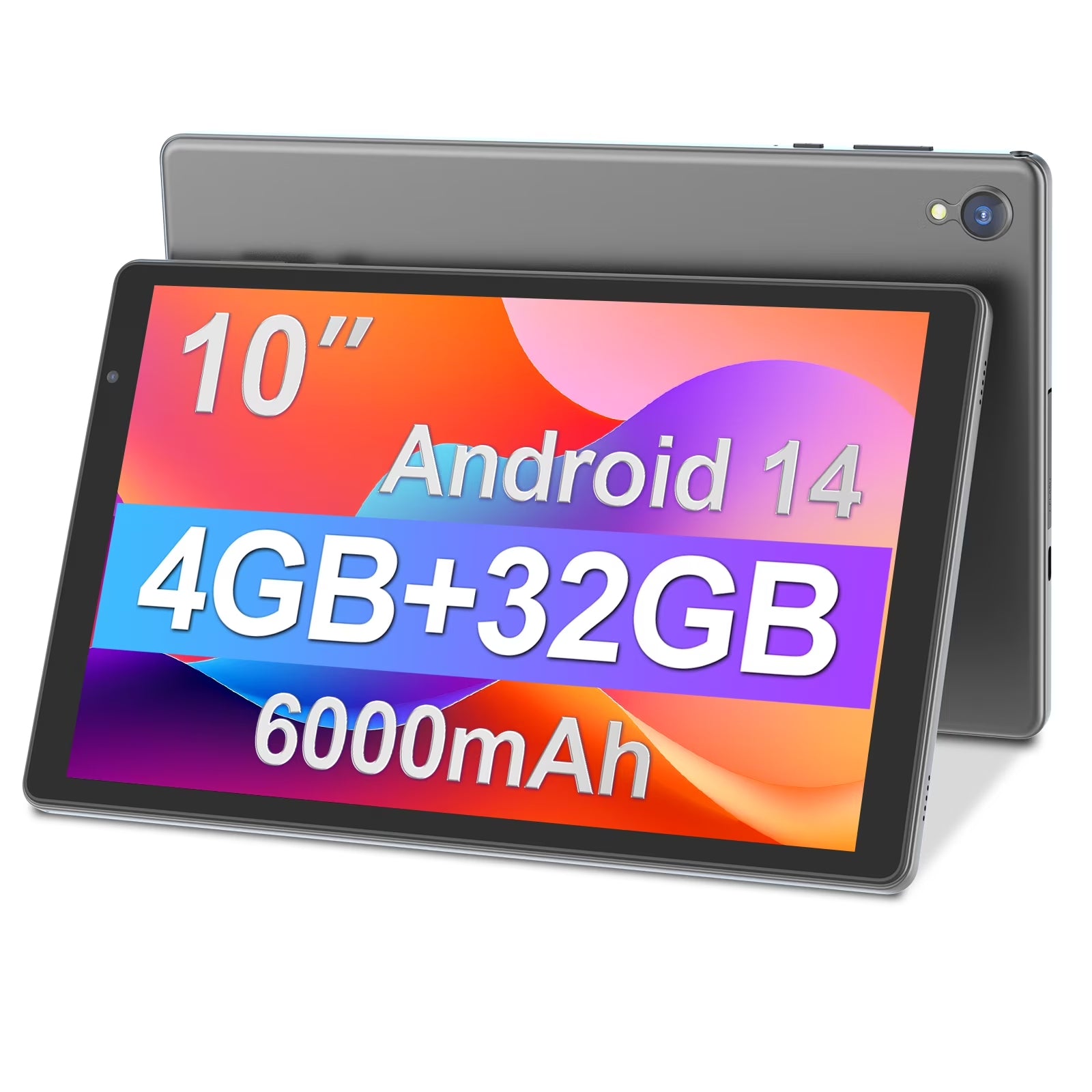 Tedupee Android Tablet, 10 inch Android 14 Tablet, Quad-core CPU, RAM 4GB（2G+2G）, ROM 32GB (Up to 1TB), 800x1280 IPS, WiFi 6, 2MP+2MP, 6000mAh
