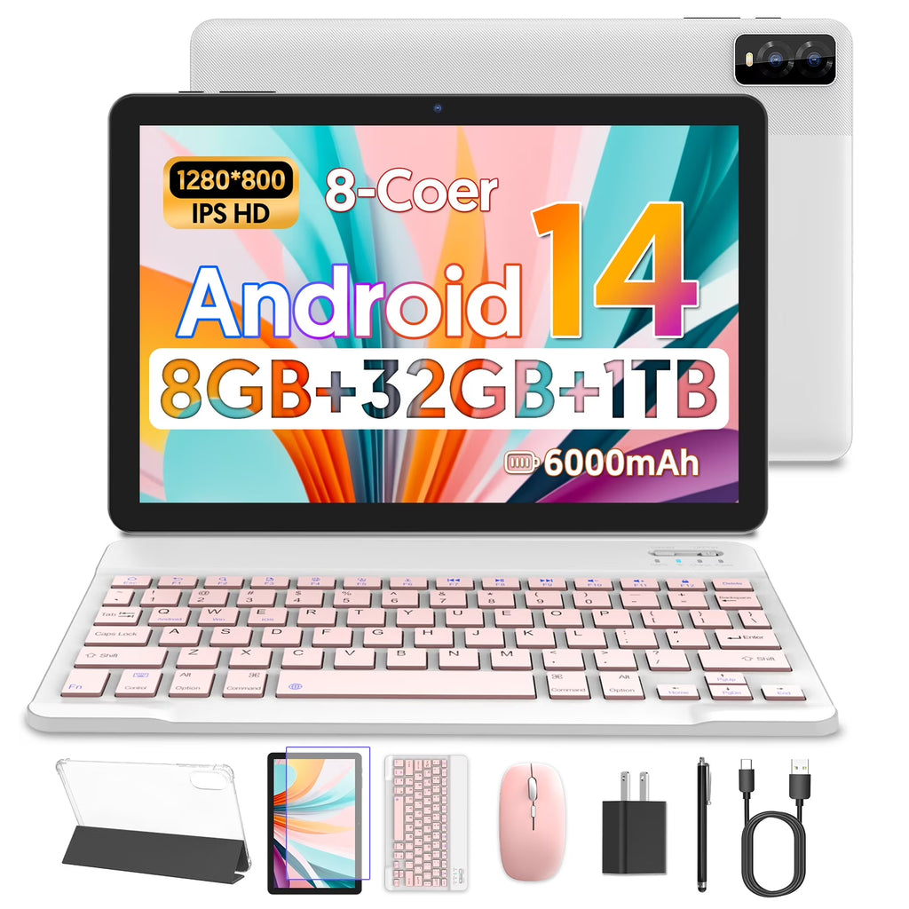 Tedupee Android 14 Tablet,10 Inch Tablet with Keyboard, 8GB RAM 32GB ROM 1TB Expand, Octa-Core, 5G Dual-Band WiFi 6, 6000mAh Battery, 2-in-1