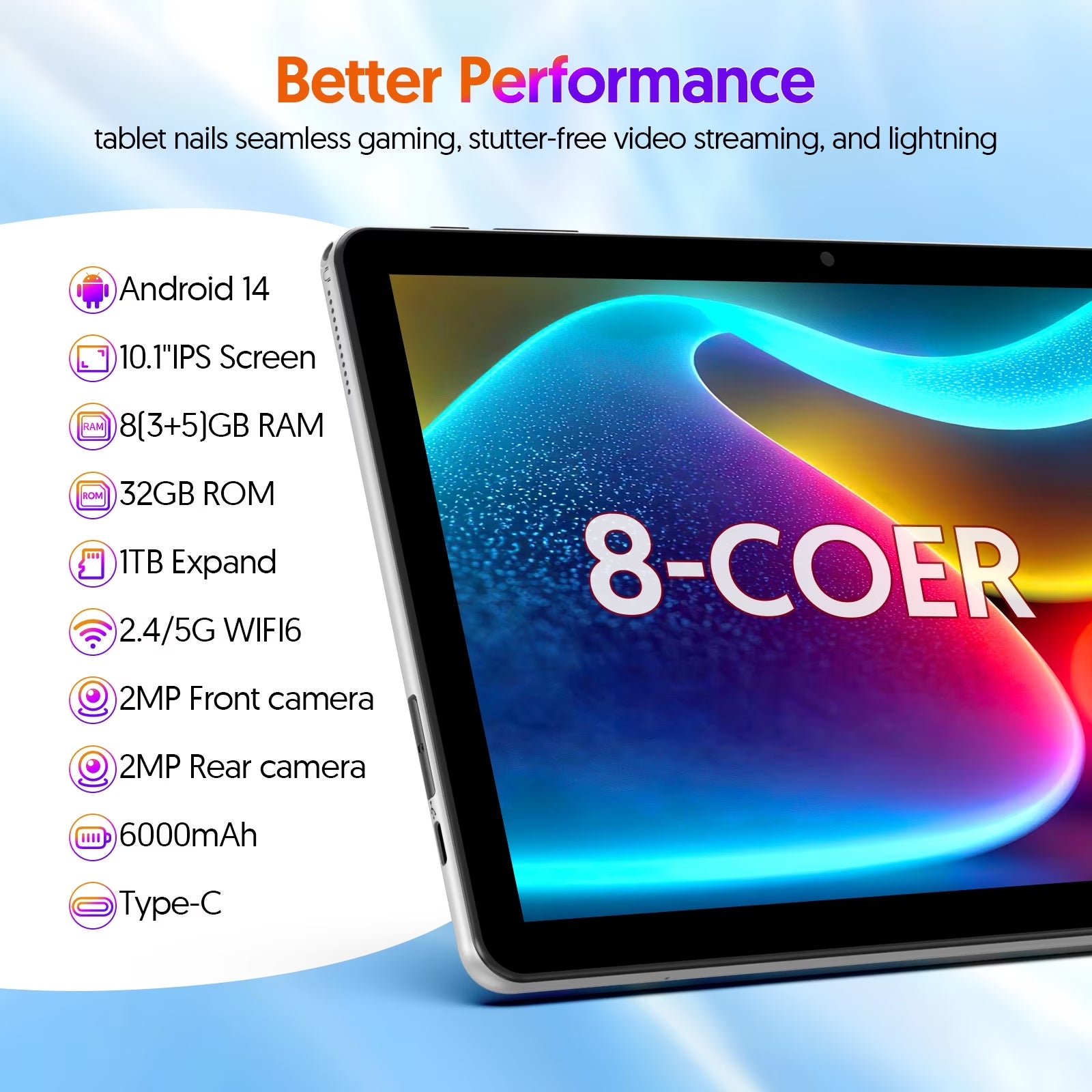 Tedupee Android 14 Tablet,10 Inch Tablet with Keyboard, 8GB RAM 32GB ROM 1TB Expand, Octa-Core, 5G Dual-Band WiFi 6, 6000mAh Battery, 2-in-1