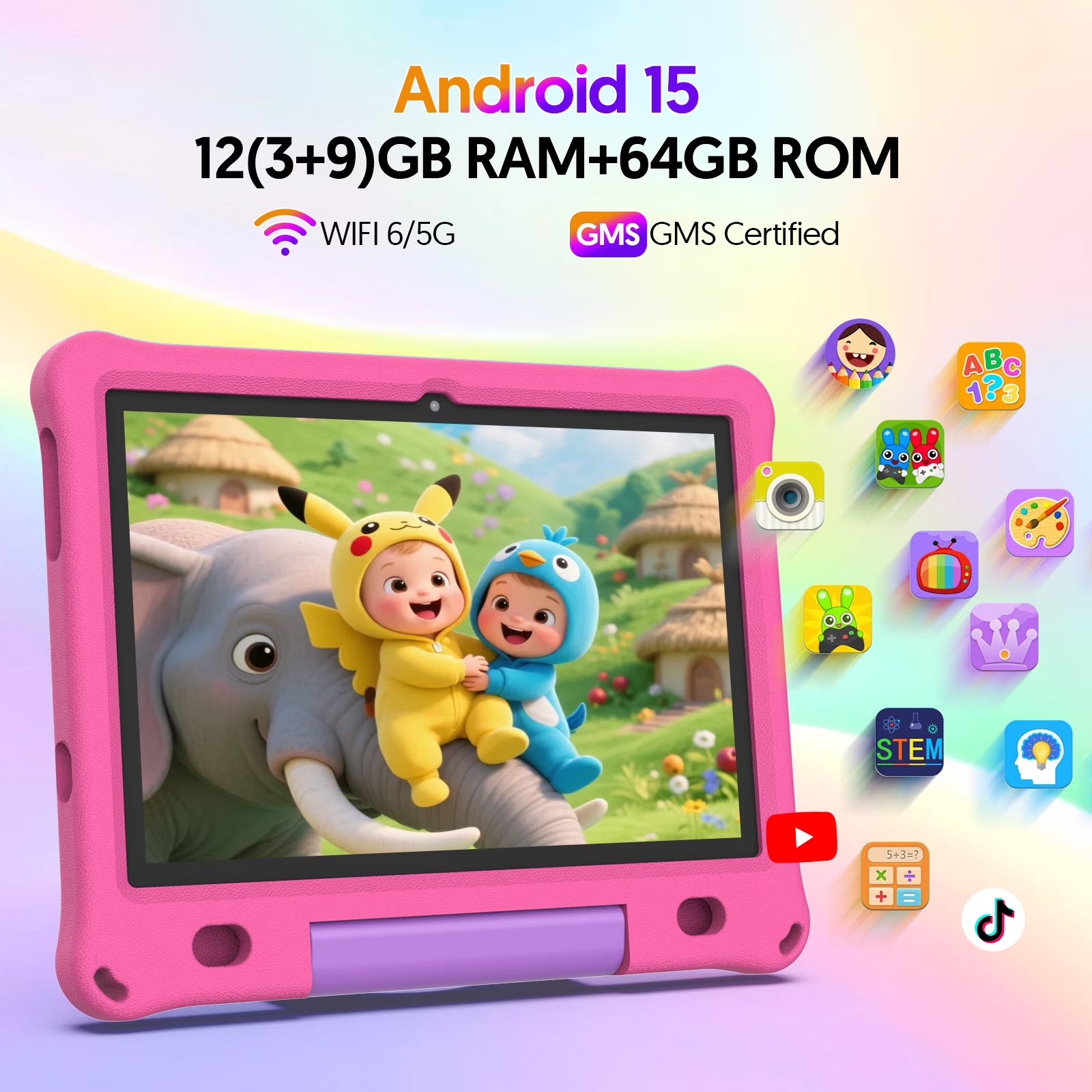 Tedupee 10inch Kids Tablet Android 15,1280x800 HD Ips Display Tablet with Eva Case,12GB (3g+9g) RAM+64GB Rom,Quad-Core, Wi-Fi6,6000mAh,Parental Control App Google Certified