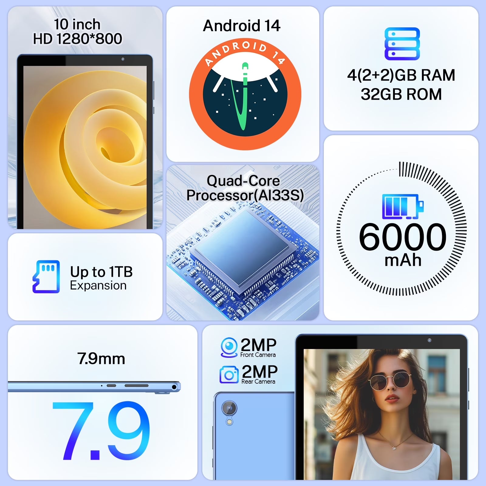 Tedupee 10 inch Android 14 Tablet，Android Tablets Quad Core Processor,4GB+32GB+1TB Expandable Tablet Computer,1280*800 IPS Screen,6000mAh Battery,WiFi