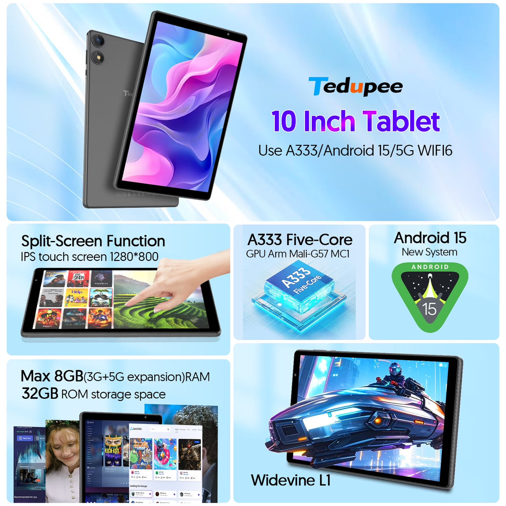 Tedupee Android 15 Tablet, 10.1 inch, Five-core CPU, RAM 3GB, ROM 32GB (Up to 1TB), 800x1280 IPS, 5G WiFi 6, 2MP+2MP, 6000mAh-Gray