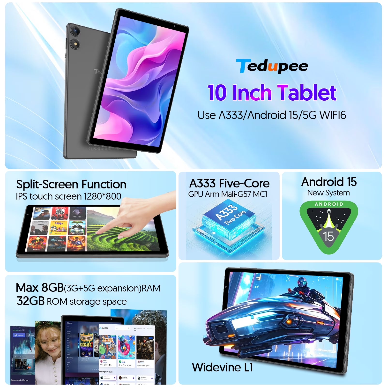 Tedupee Android 15 Tablet, 10.1 inch, Five-core CPU, RAM 3GB, ROM 32GB (Up to 1TB), 800x1280 IPS, 5G WiFi 6, 2MP+2MP, 6000mAh-Gray