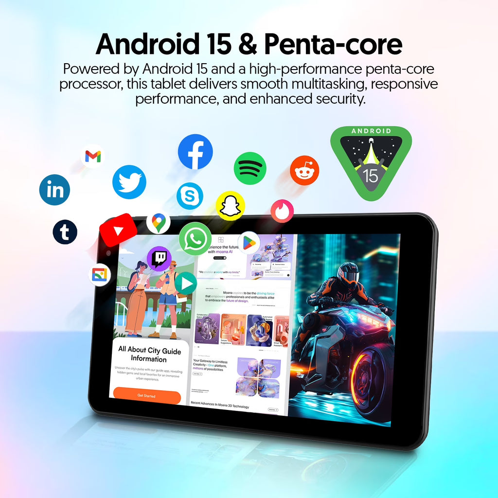 Tedupee Tablet 7 inch Android 15 Tablet, 8GB RAM 32GB ROM 1TB Expandable,Penta-core Processor Tablet PC，Wi-Fi 6, 5G dual-band，3000mAh Battery, Dual Camera, Educational, Games