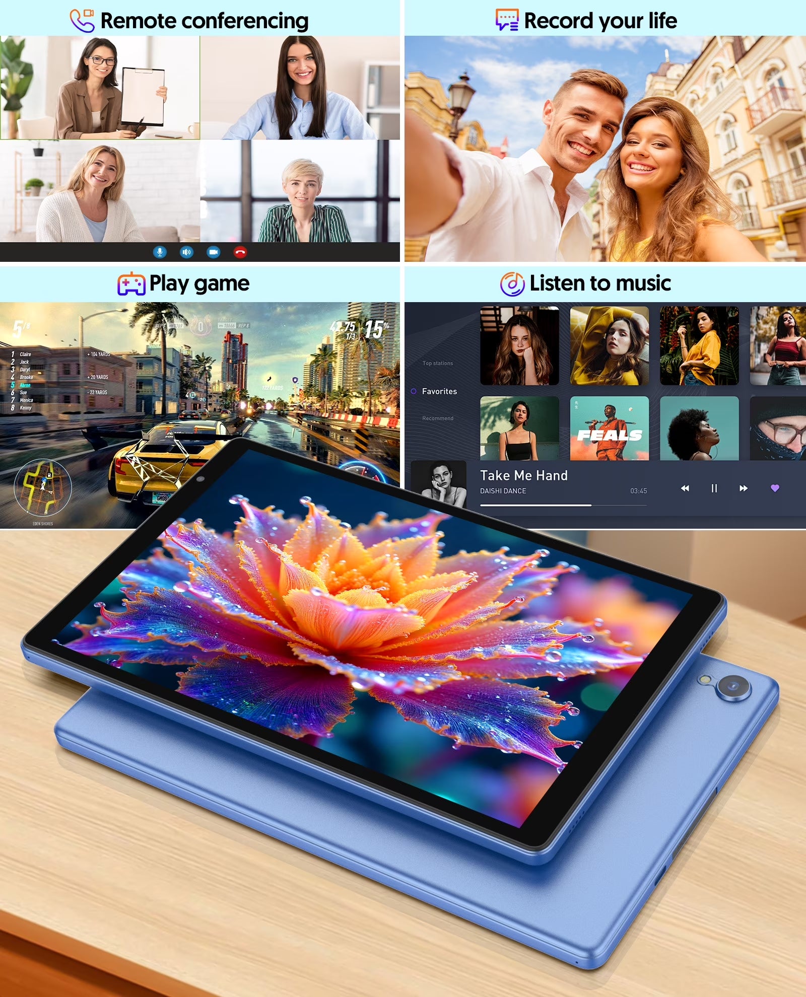 Tedupee Android Tablet, 10 inch Android 14 Tablet, Quad-core CPU, RAM 4GB（2G+2G）, ROM 32GB (Up to 1TB), 800x1280 IPS, WiFi 6, 2MP+2MP, 6000mAh
