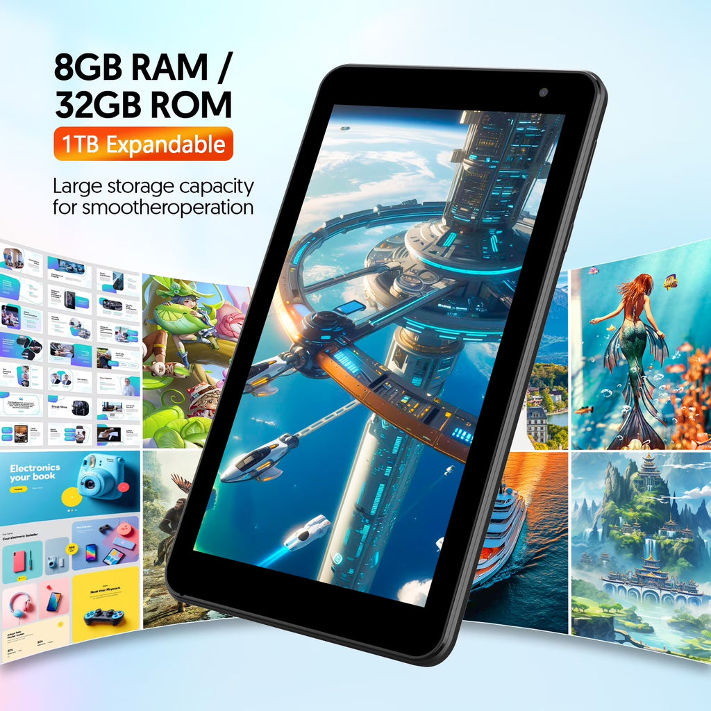Tedupee Tablet 7 inch Android 15 Tablet, 8GB RAM 32GB ROM 1TB Expandable,Penta-core Processor Tablet PC，Wi-Fi 6, 5G dual-band，3000mAh Battery, Dual Camera, Educational, Games
