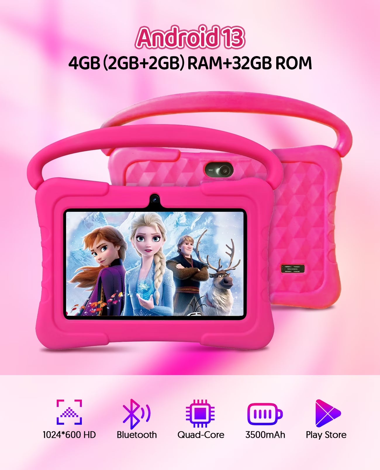 Tedupee Kids Tablet, Android 13 Kids Tablet, Quad Core Processor, 4GB(2G+2G)RAM+32GB ROM Storage, 1024 x 600 Touch Screen, WiFi, Bluetooth