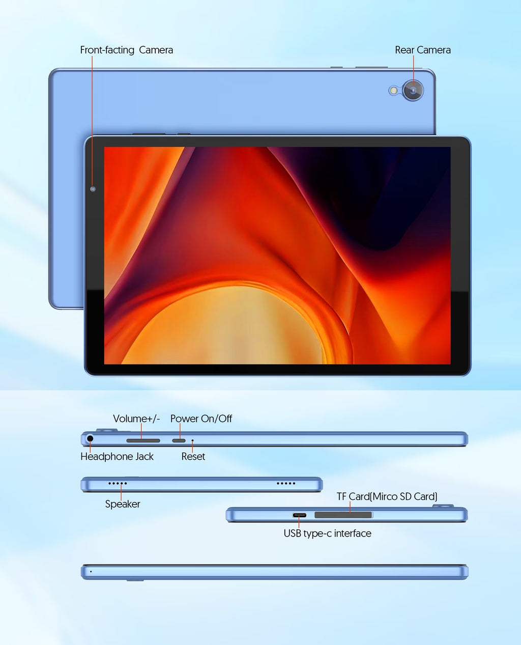 Tedupee Android Tablet, 10 inch Android 14 Tablet, Quad-core CPU, RAM 4GB（2G+2G）, ROM 32GB (Up to 1TB), 800x1280 IPS, WiFi 6, 2MP+2MP, 6000mAh