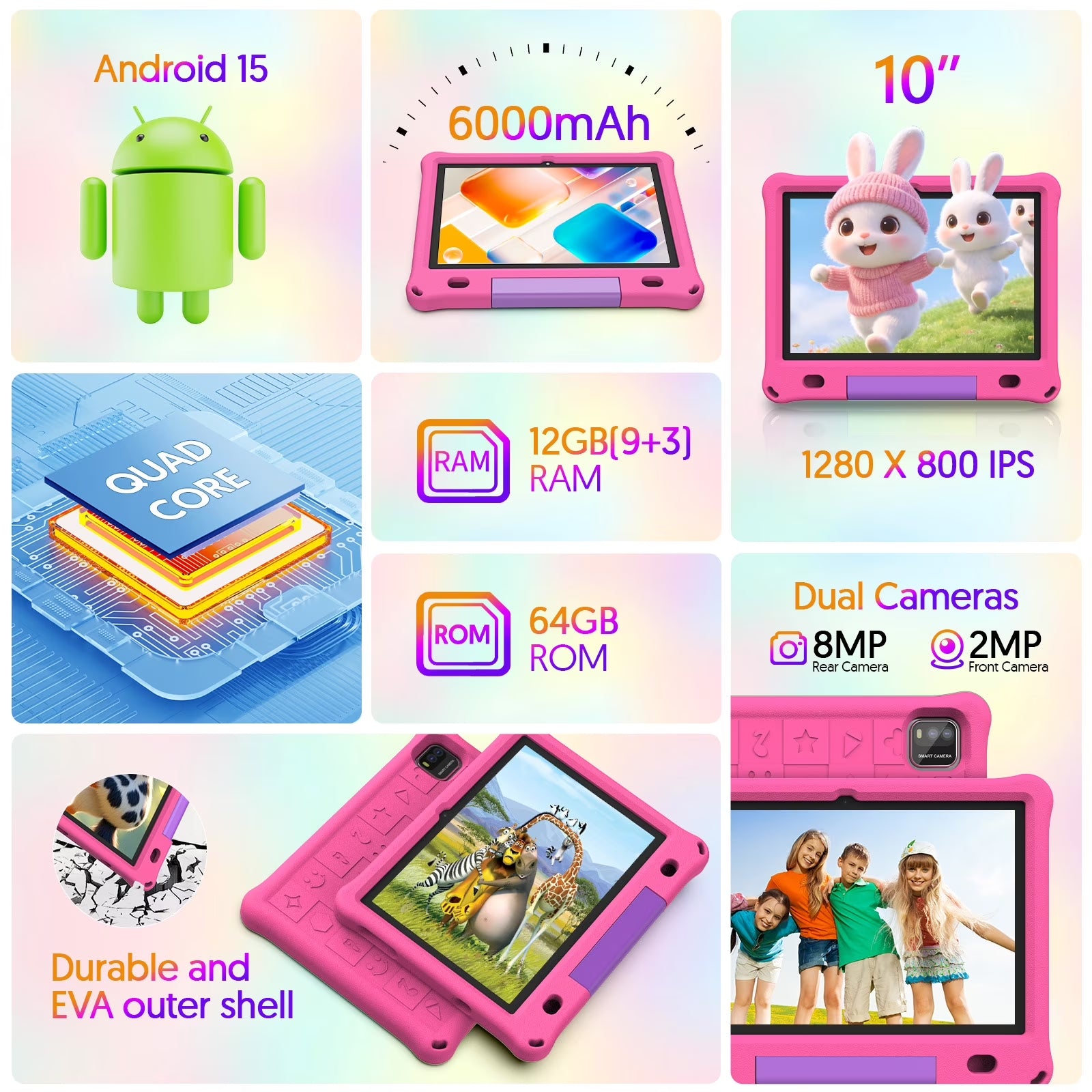 Tedupee 10inch Kids Tablet Android 15,1280x800 HD Ips Display Tablet with Eva Case,12GB (3g+9g) RAM+64GB Rom,Quad-Core, Wi-Fi6,6000mAh,Parental Control App Google Certified