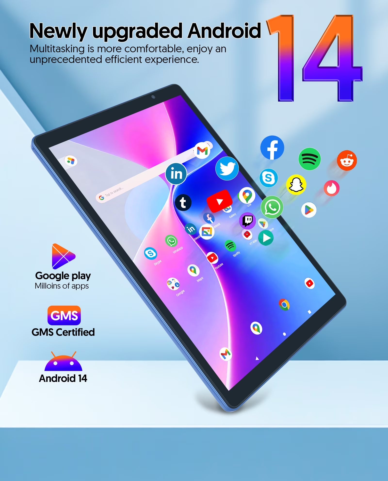 Tedupee Android Tablet, 10 inch Android 14 Tablet, Quad-core CPU, RAM 4GB（2G+2G）, ROM 32GB (Up to 1TB), 800x1280 IPS, WiFi 6, 2MP+2MP, 6000mAh